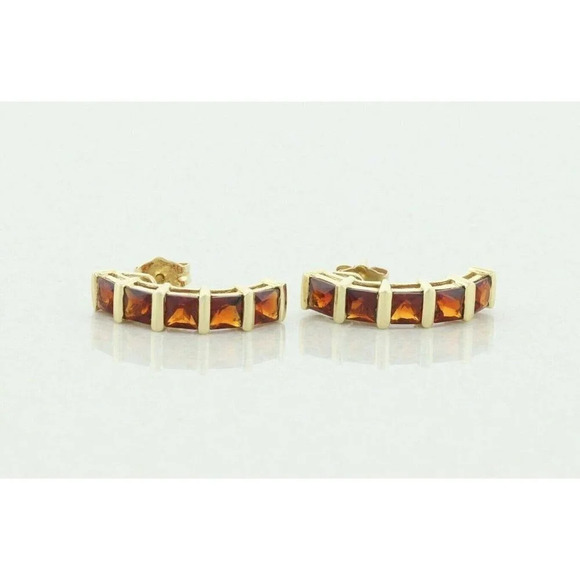 14k Yellow Gold Natural Garnet Earrings J Hoop Half Hoop Earrings - Picture 6 of 9